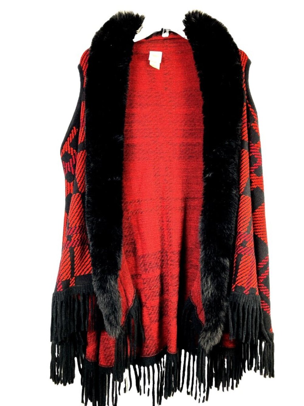 S Northern Angel Red Plaid Faux Fur Fringe Vest Cape Lagenlook